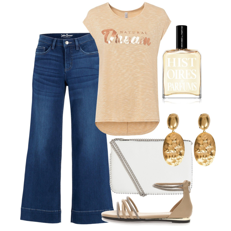 Outfit donna - Giugno. Stile Casual chic per Tutti i giorni. Abbinamento con jeans a zampa, maglieria, profumi, borse a tracolla, sandali, orecchini.