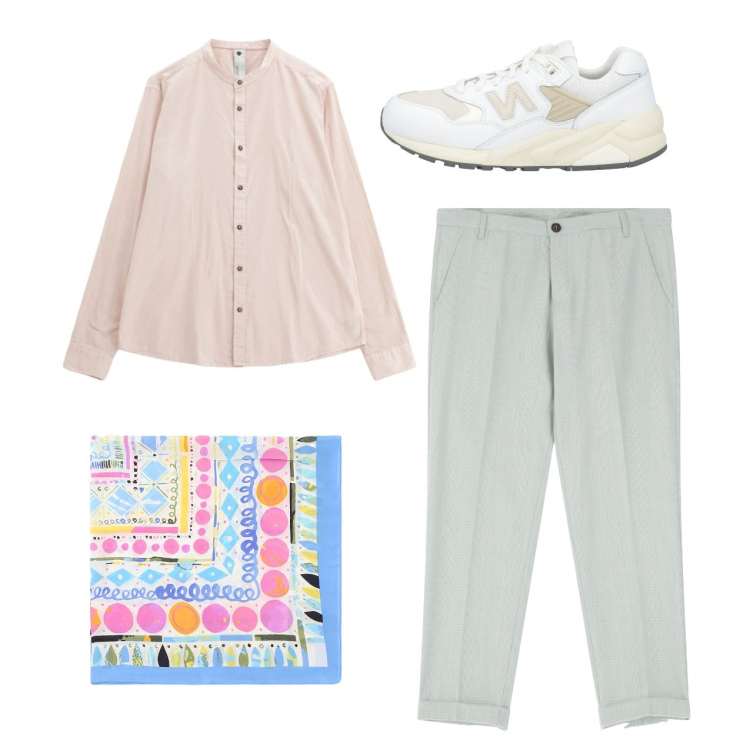 Outfit uomo - Pastello. Stile Casual per Tutti i giorni. Abbinamento con sneakers, pantaloni, camicie, sciarpe e foulard.
