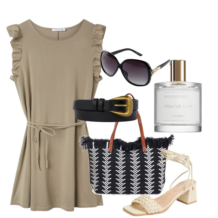 Outfit donna - Rouches. Stile Bon Ton per Tutti i giorni. Abbinamento con occhiali da sole, profumi, vestiti, sandali alla schiava, borse a spalla, cinture.