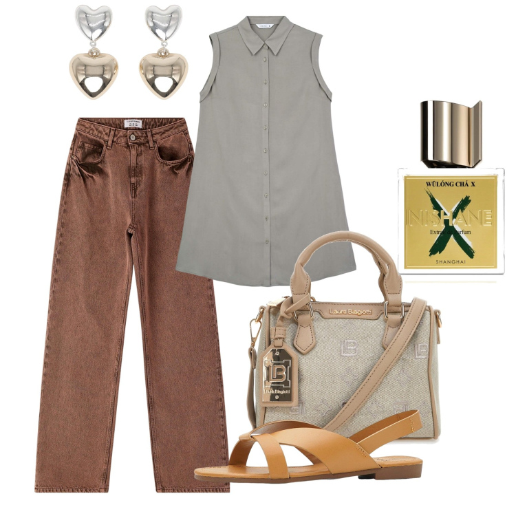 Outfit donna - Giugno. Stile Casual chic per Tutti i giorni. Abbinamento con sandali, profumi, camicie, orecchini, jeans, borse a tracolla.