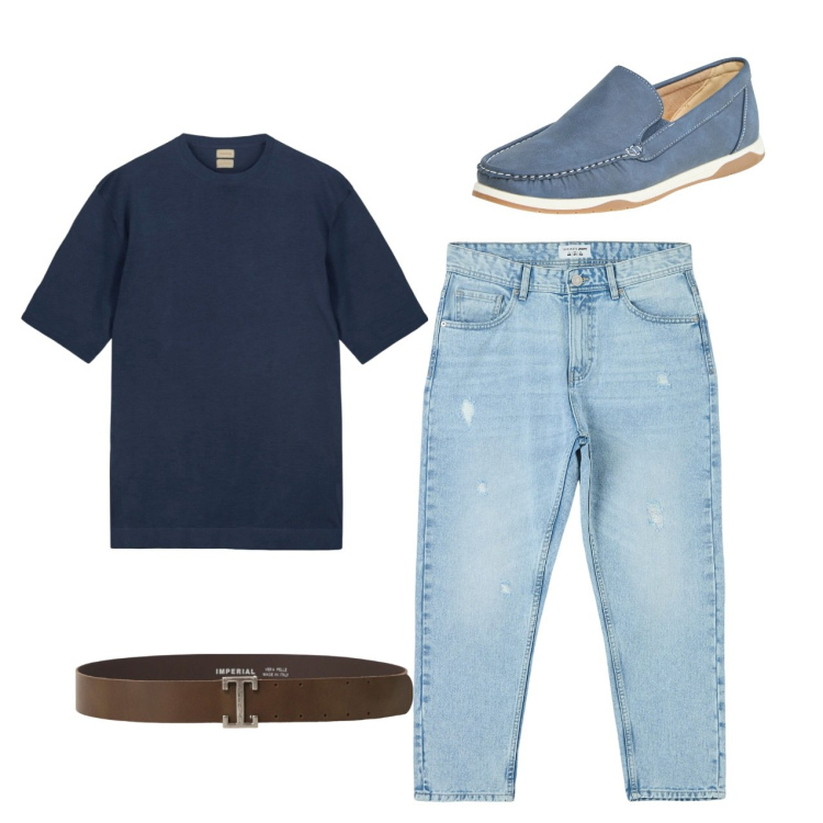 Outfit uomo - Casual. Stile Casual per Tutti i giorni. Abbinamento con jeans strappati, scarpe stringate, cinture, t-shirt.