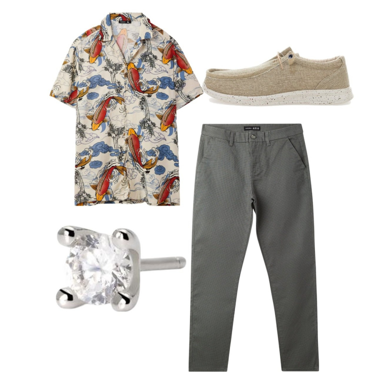 Outfit uomo - Variopinto. Stile Casual per Tutti i giorni. Abbinamento con pantaloni chino, camicie a manica corta, orecchini, scarpe stringate.