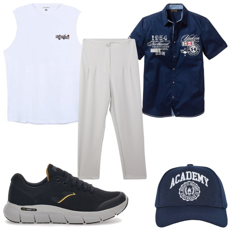Outfit uomo - Total look #2180887. Stile Trendy per Tutti i giorni. Abbinamento con camicie a manica corta, pantaloni chino, canottiere, cappelli con visiera, sneakers.