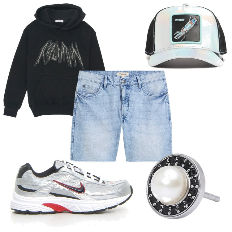 Outfit uomo - Total look #2180889. Stile Urban per Tutti i giorni. Abbinamento con bermuda, orecchini, felpe con cappuccio, cappelli, sneakers.
