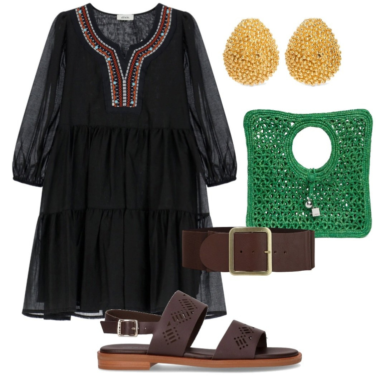 Outfit donna - Cena in riva al mare. Stile Etnico per Serata fuori. Abbinamento con vestiti corti, cinture, orecchini, shopping bag, sandali.