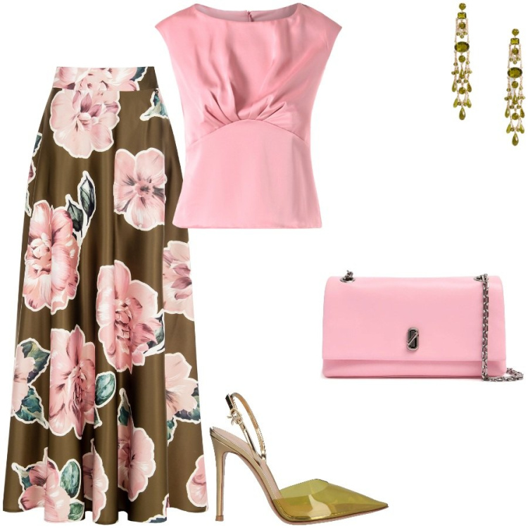 Outfit donna - Matrimonio di giorno. Stile Chic per Cerimonia. Abbinamento con décolleté, gonne, top, orecchini, pochette.