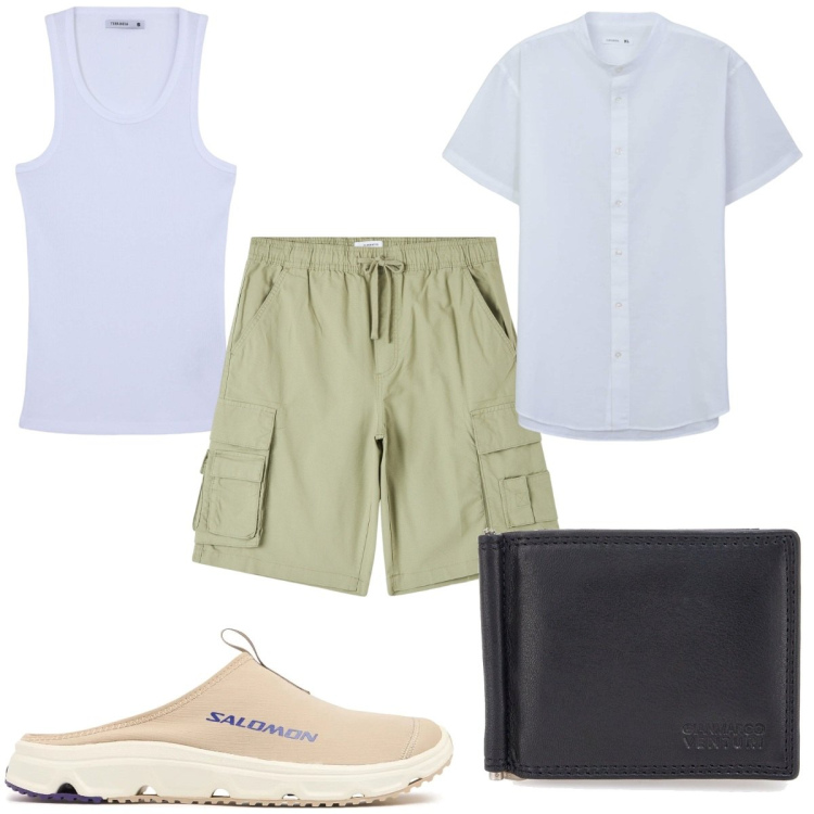 Outfit uomo - Total look #2180892. Stile Trendy per Tutti i giorni. Abbinamento con pantaloni corti, camicie a manica corta, canottiere, portafogli, sneakers.