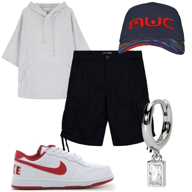 Outfit uomo - Total look #2180897. Stile Urban per Tutti i giorni. Abbinamento con bermuda, cappelli, orecchini, felpe con cappuccio, sneakers.