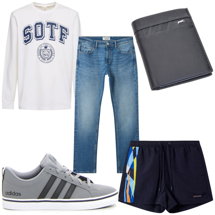 Outfit uomo - Total look #2180900. Stile Trendy per Mare. Abbinamento con jeans, costumi, portafogli, t-shirt, sneakers.