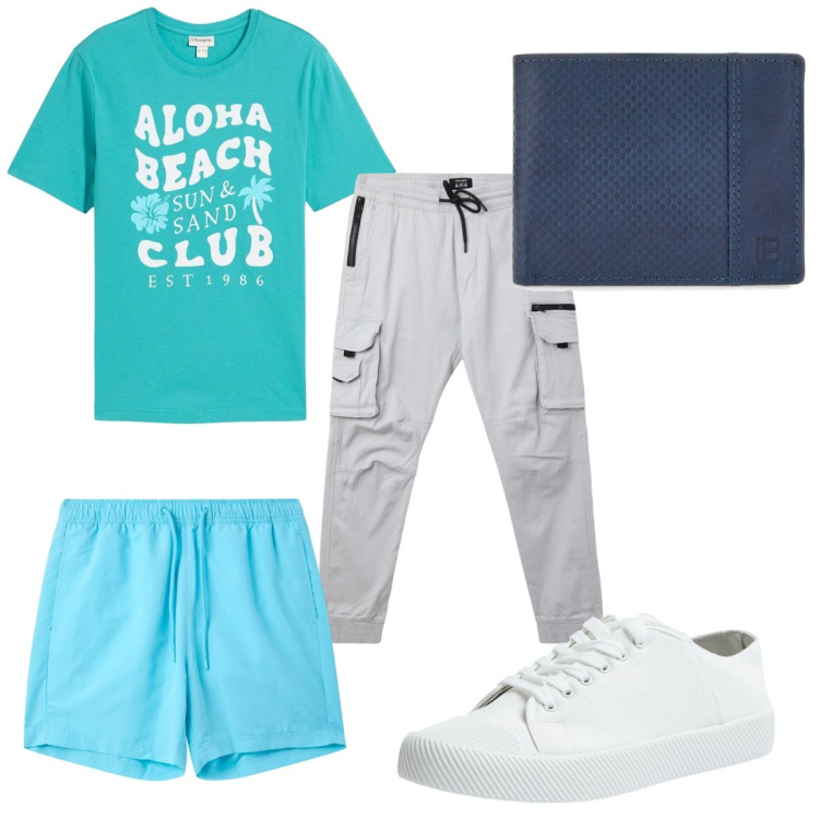 Outfit uomo - Total look #2180901. Stile Trendy per Mare. Abbinamento con t-shirt, pantaloni cargo, costumi, sneakers, portafogli.