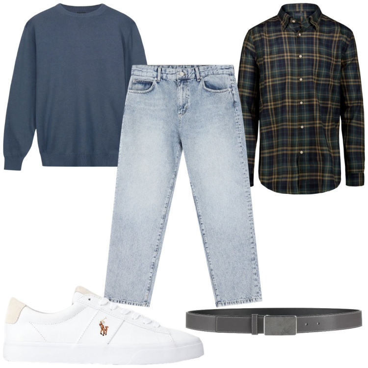 Outfit uomo - Total look #2180903. Stile Casual per Tutti i giorni. Abbinamento con cinture, jeans dritti, sneakers, maglieria, camicie.