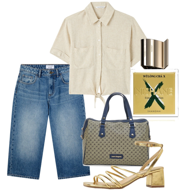 Outfit donna - Giugno. Stile Casual chic per Ufficio. Abbinamento con sandali col tacco, profumi, jeans dritti, camicie a manica corta, borse a spalla.
