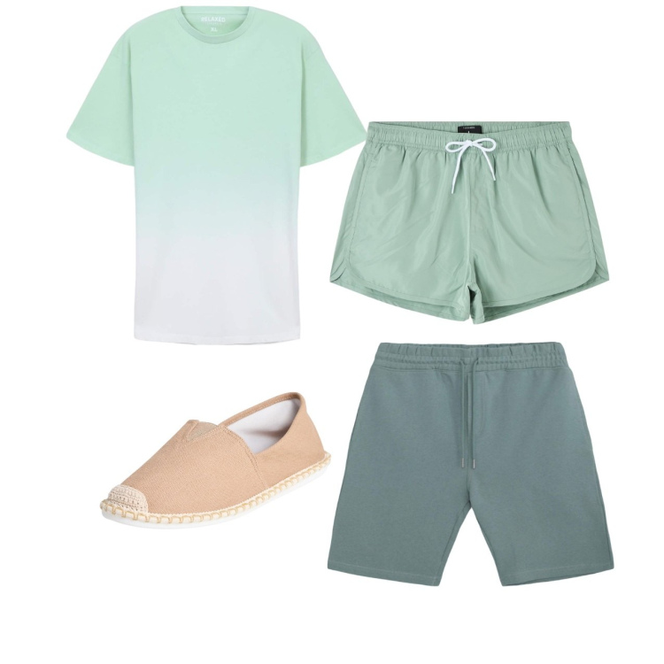 Outfit uomo - Mare. Stile Casual per Mare. Abbinamento con espadrillas, costumi, t-shirt, pantaloni corti.