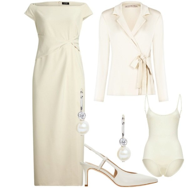 Outfit donna - Wedding day. Stile Romantica per Cerimonia. Abbinamento con blazer, vestiti lunghi, décolleté, orecchini, body.