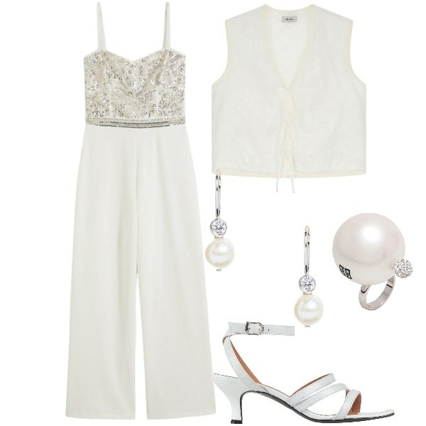 Outfit donna - Wedding day. Stile Romantica per Cerimonia. Abbinamento con tute, sandali in pelle, anelli, gilet, orecchini.