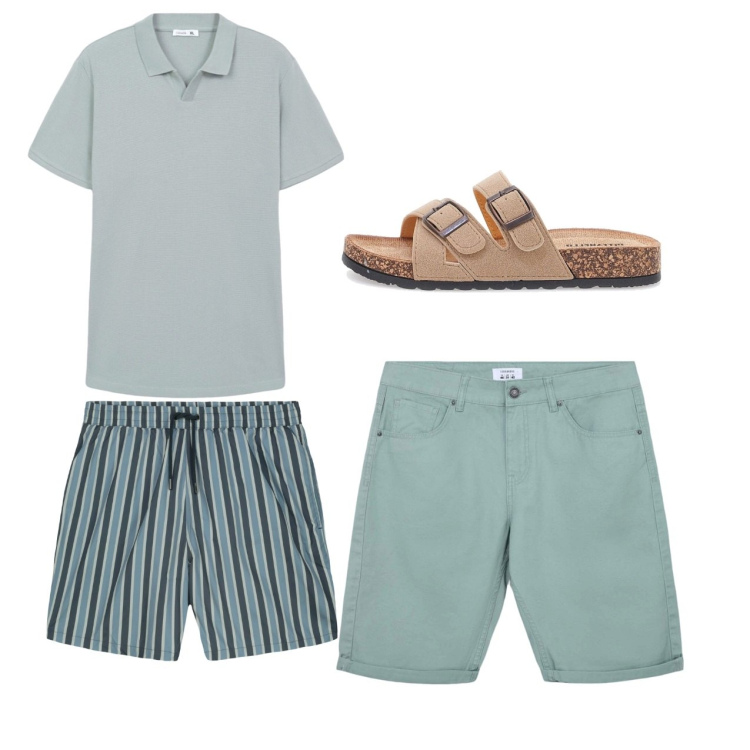 Outfit uomo - Acquamarina. Stile Casual per Mare. Abbinamento con polo, bermuda, sandali, costumi.