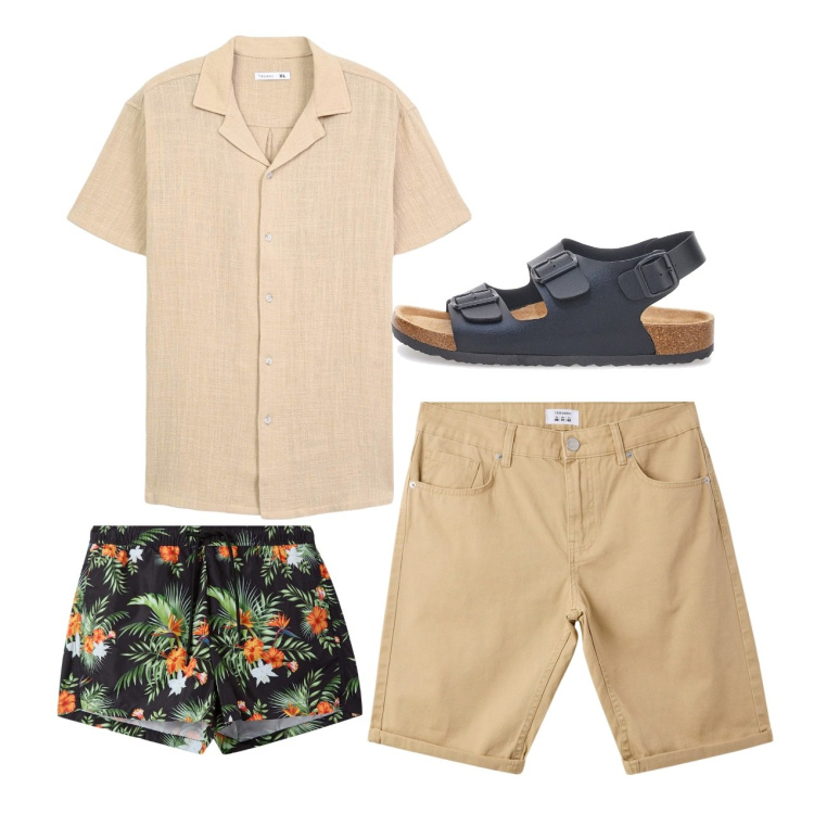 Outfit uomo - Sabbia. Stile Casual per Mare. Abbinamento con camicie a manica corta, bermuda, costumi, sandali.