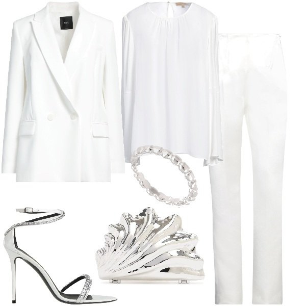 Outfit donna - Wedding day. Stile Chic per Cerimonia. Abbinamento con top, pantaloni, blazer, sandali in pelle, anelli, pochette.