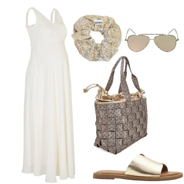Outfit donna - Presto mamma. Stile Romantica per Tutti i giorni. Abbinamento con vestiti, ciabatte, borse a spalla, occhiali da sole, accessori per capelli.