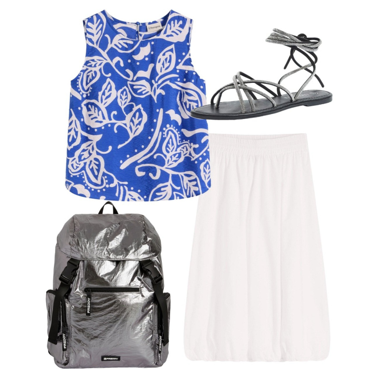 Outfit donna - Top e zaino. Stile Basic per Scuola/Università. Abbinamento con top, gonne, sandali alla schiava, zaini.
