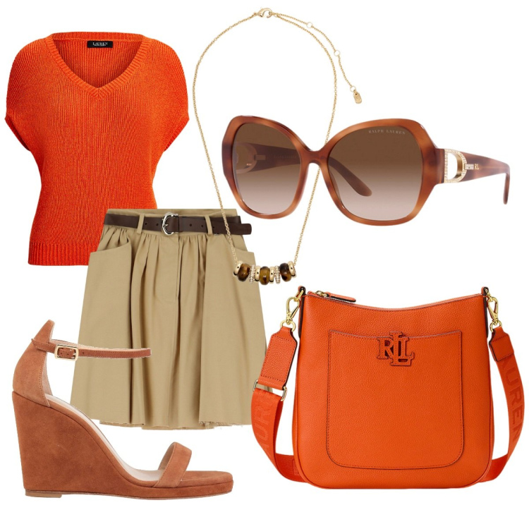 Outfit donna - Total look estivo. Stile Casual chic per Tutti i giorni. Abbinamento con sandali in pelle, minigonne, occhiali da sole, collane, borse a tracolla, t-shirt.