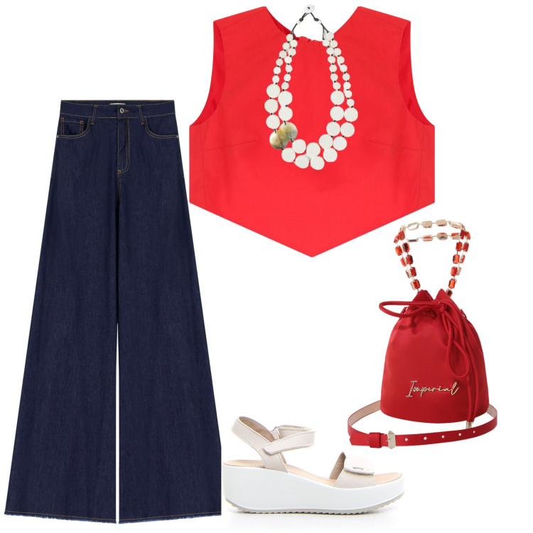 Outfit donna - Praticità. per Tutti i giorni. Abbinamento con top, borse a secchiello, jeans a zampa, sandali, ciondoli.
