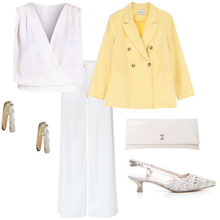 Outfit donna - Serata con amici. per Serata fuori. Abbinamento con pantaloni a palazzo, top, pochette, blazer, orecchini, sandali col tacco.