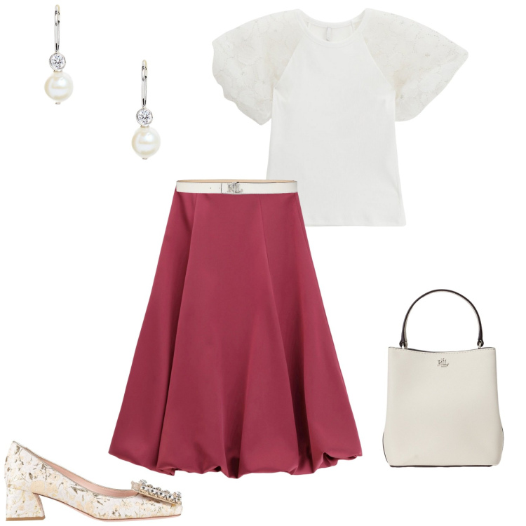 Outfit donna - Total look #2180943. Stile Chic per Tutti i giorni. Abbinamento con décolleté, gonne longuette, top, orecchini, cinture, borse a secchiello.