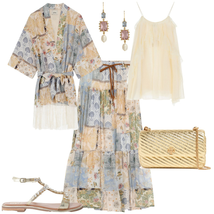 Outfit donna - Boho serata evento speciale. Stile Boho per Serata fuori. Abbinamento con gonne lunghe, vestiti corti, blazer, sandali, orecchini, borse a spalla.