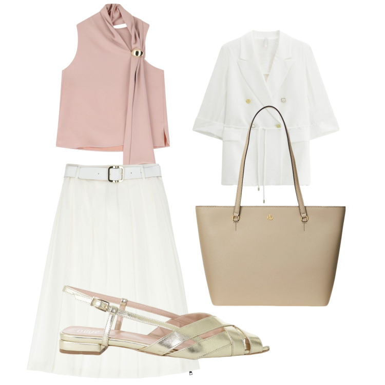 Outfit donna - Aperitivo cenato. Stile Casual chic per Serata fuori. Abbinamento con top, gonne longuette, blazer, sandali, borse tote.