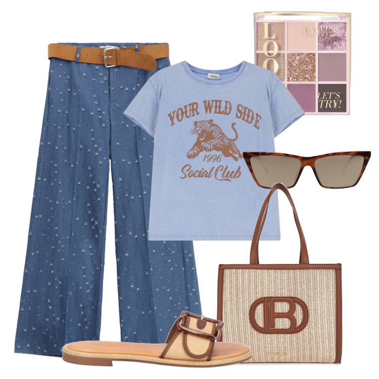 Outfit donna - Pantaloni particolari in città. Stile Urban per Tutti i giorni. Abbinamento con occhiali da sole, sandali in pelle, ombretti, pantaloni, t-shirt, borse a spalla.