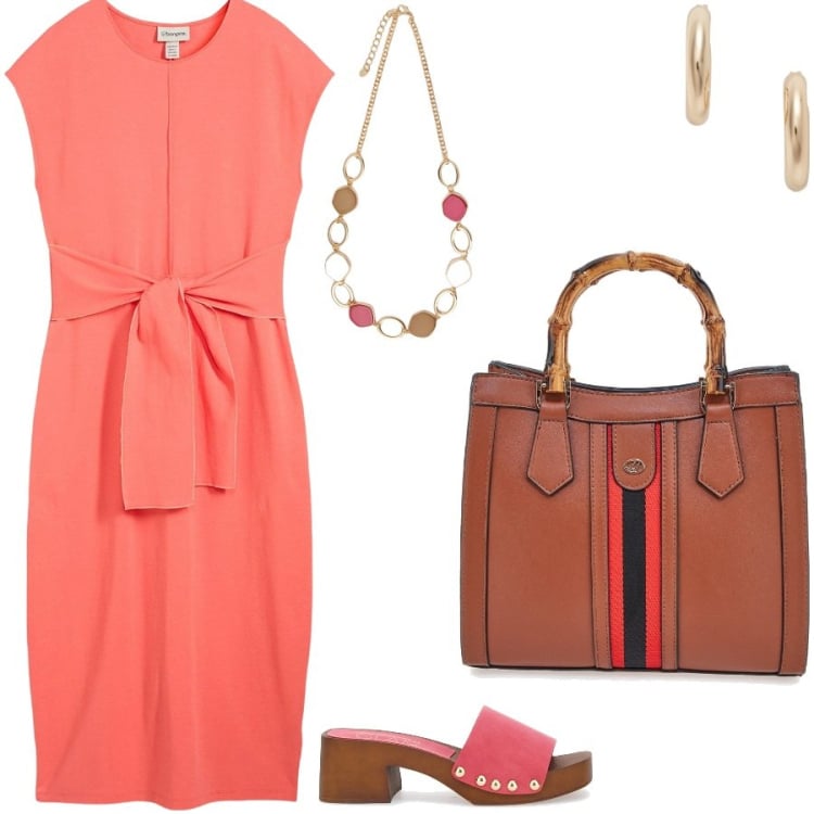 Outfit donna - Il dettaglio del nodo. Stile Casual chic per Ufficio. Abbinamento con vestiti, orecchini, zoccoli, borse a tracolla, collane.