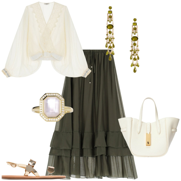 Outfit donna - Boho serata evento speciale. Stile Boho per Serata fuori. Abbinamento con anelli, gonne lunghe, bluse, borse tote, orecchini, sandali in pelle.