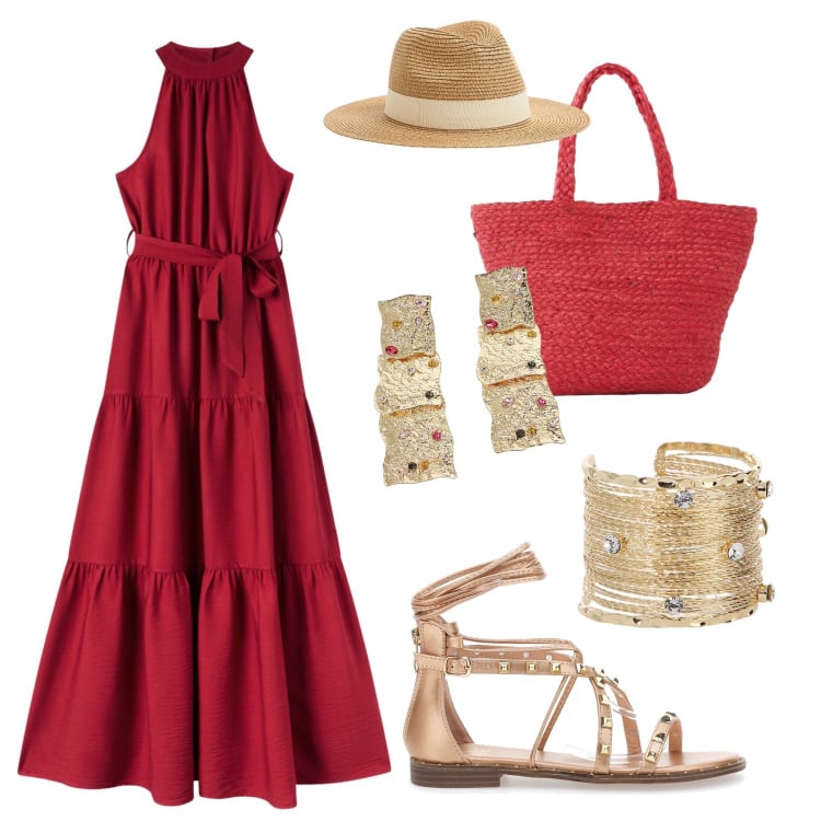 Outfit donna - Sandali alla schiava. Stile Trendy per Tutti i giorni. Abbinamento con shopping bag, cappelli, vestiti lunghi, orecchini, braccialetti, sandali alla schiava.