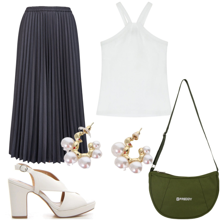 Outfit donna - Gonna lunga e sandali. Stile Basic per Tutti i giorni. Abbinamento con borse a spalla, top, orecchini, gonne longuette, sandali col tacco.