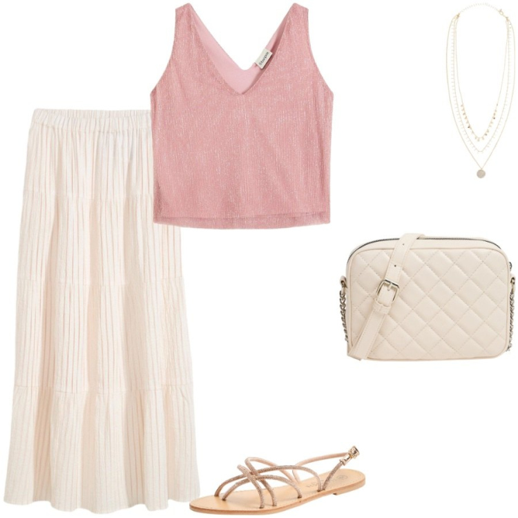 Outfit donna - Summer look. Stile Casual chic per Tutti i giorni. Abbinamento con gonne lunghe, collane, top, sandali, borse a tracolla.