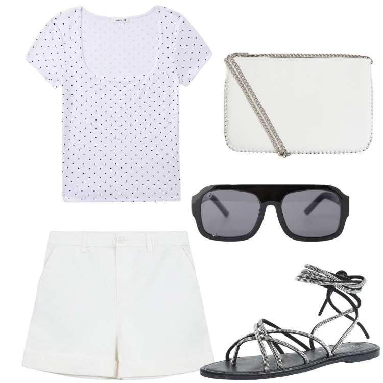 Outfit donna - Giugno a pois. Stile Basic per Tutti i giorni. Abbinamento con pantaloni corti, sandali alla schiava, t-shirt, borse a tracolla, occhiali da sole.