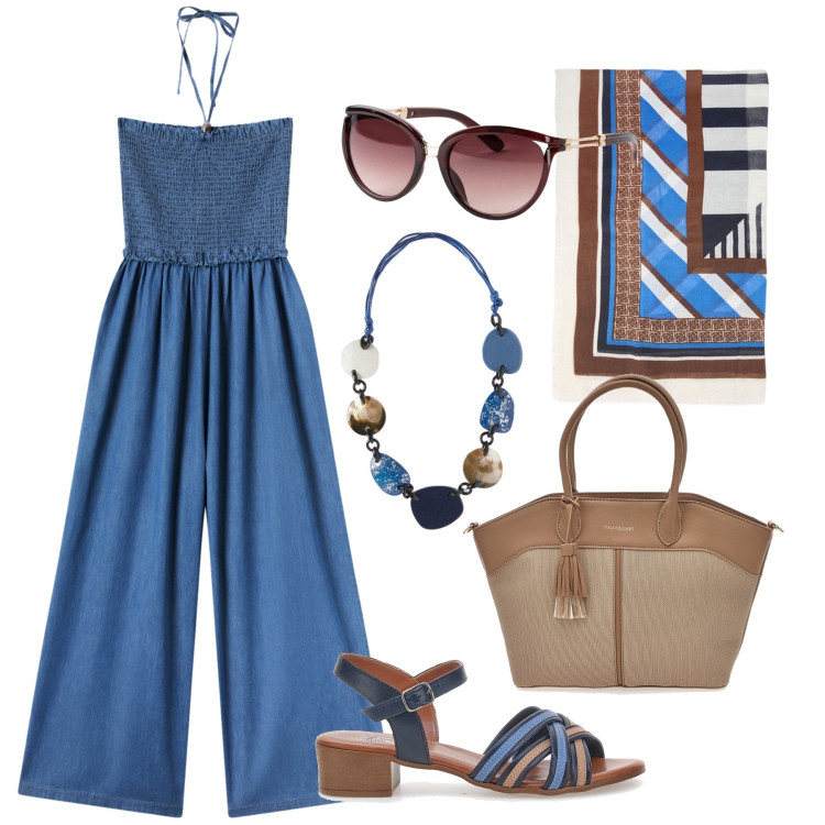 Outfit donna - Jumpsuite in chambray. Stile Casual chic per Serata fuori. Abbinamento con occhiali da sole, tute, sandali col tacco, foulard, borse tote, collane.