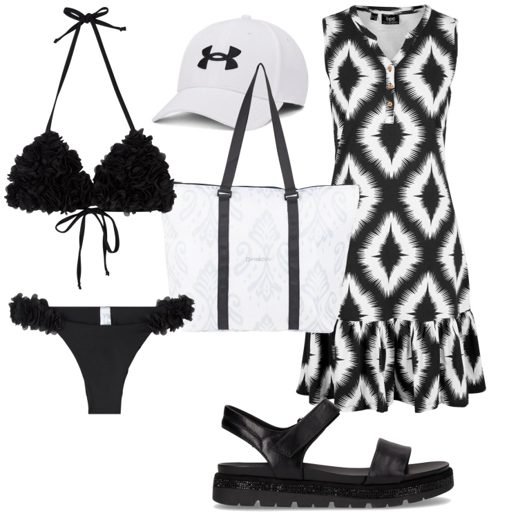 Outfit donna - Total look #2180964. Stile Trendy per Mare. Abbinamento con vestiti, bikini, bikini, shopping bag, sandali, cappelli.
