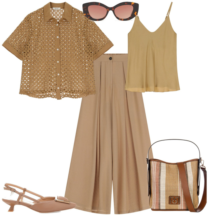 Outfit donna - Il.mio stile per ogni giorno. Stile Chic per Tutti i giorni. Abbinamento con borse a secchiello, pantaloni, top, camicie a manica corta, décolleté, occhiali da sole.