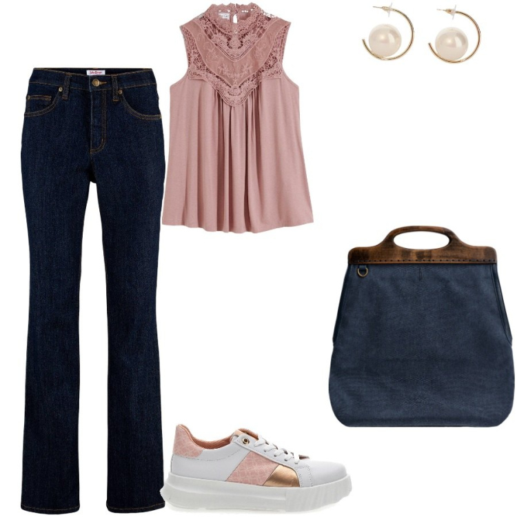 Outfit donna - Dettaglio in pizzo. Stile Casual chic per Ufficio. Abbinamento con top, jeans, orecchini, sneakers, borse a tracolla.