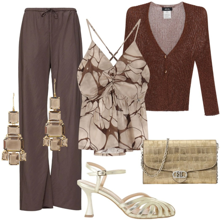 Outfit donna - Serata casual chic. Stile Casual chic per Serata fuori. Abbinamento con canottiere, sandali col tacco, cardigans, borse a tracolla, orecchini, pantaloni.