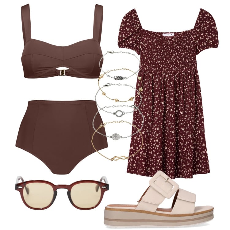 Outfit donna - Total look #2180969. Stile Casual per Mare. Abbinamento con braccialetti con ciondoli, vestiti corti, occhiali da sole, bikini, ciabatte.