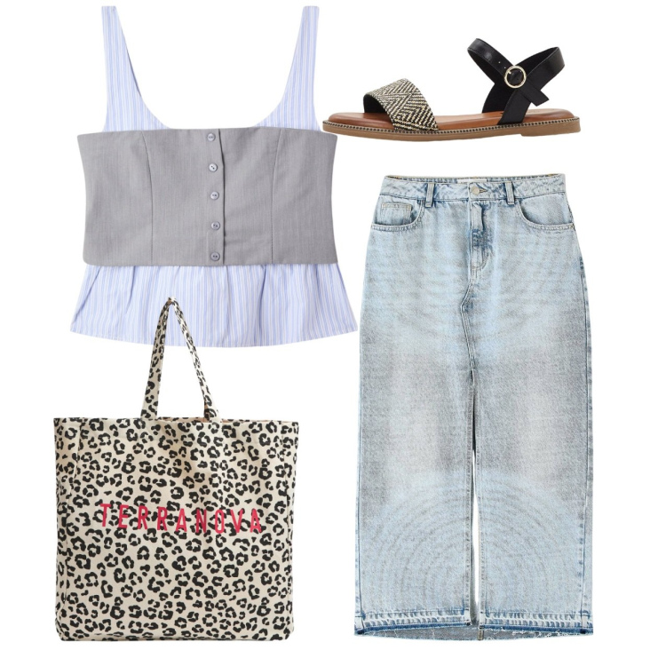 Outfit donna - Denim chic. Stile Casual chic per Tutti i giorni. Abbinamento con sandali, top, gonne lunghe, shopping bag.