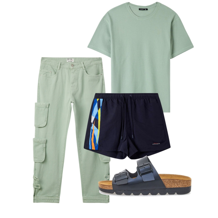 Outfit uomo - Giugno. Stile Casual per Mare. Abbinamento con t-shirt, costumi, jeans, sandali.