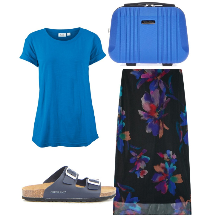 Outfit donna - Un viaggetto. Stile Basic per Tutti i giorni. Abbinamento con t-shirt, gonne lunghe, ciabatte, valigie.