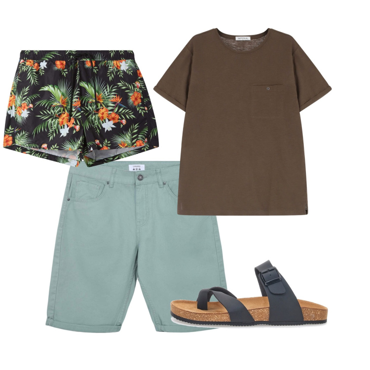 Outfit uomo - Mare. Stile Casual per Mare. Abbinamento con bermuda, costumi, t-shirt, sandali.