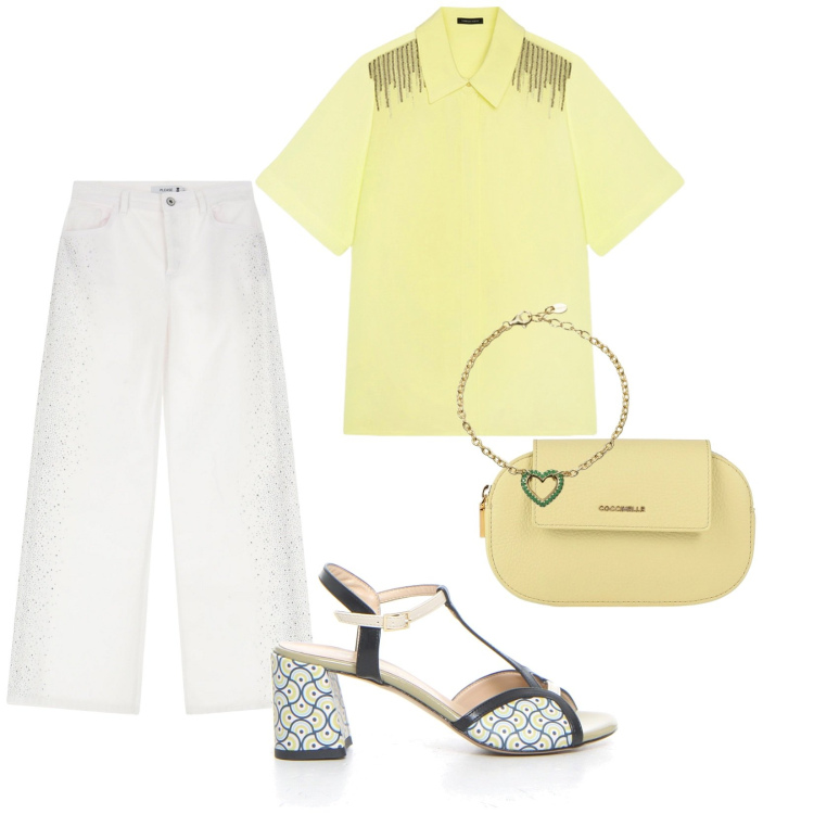 Outfit donna - Anche a lavoro fresca. per Ufficio. Abbinamento con borse a mano, braccialetti, pantaloni, camicie a manica corta, sandali col tacco.