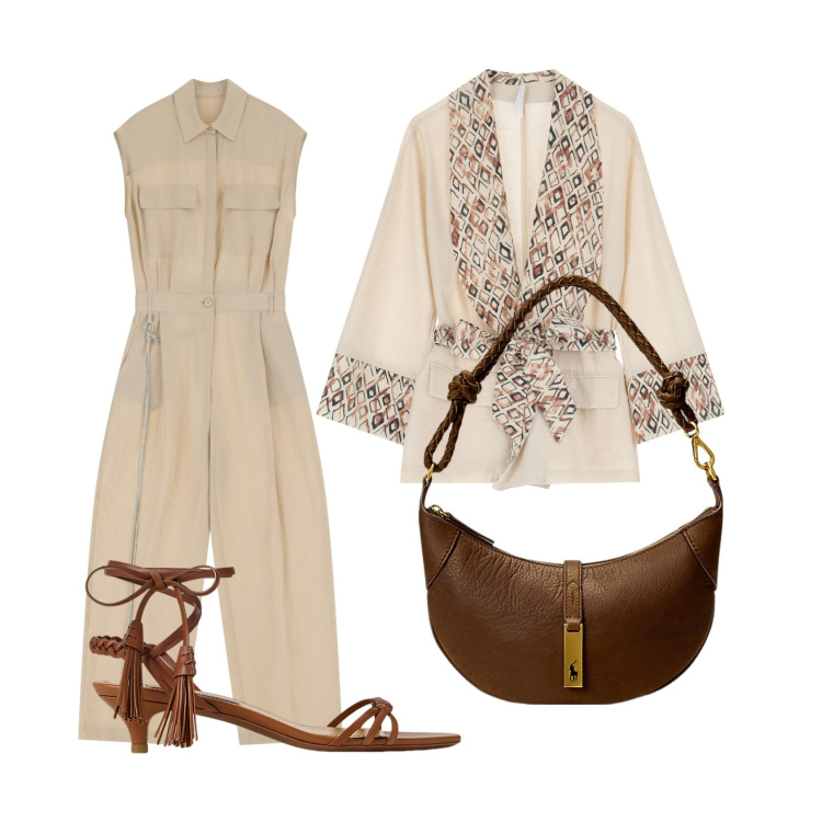 Outfit donna - La tuta versatile. Stile Etnico per Serata fuori. Abbinamento con tute, blazer, sandali col tacco, borse a spalla.