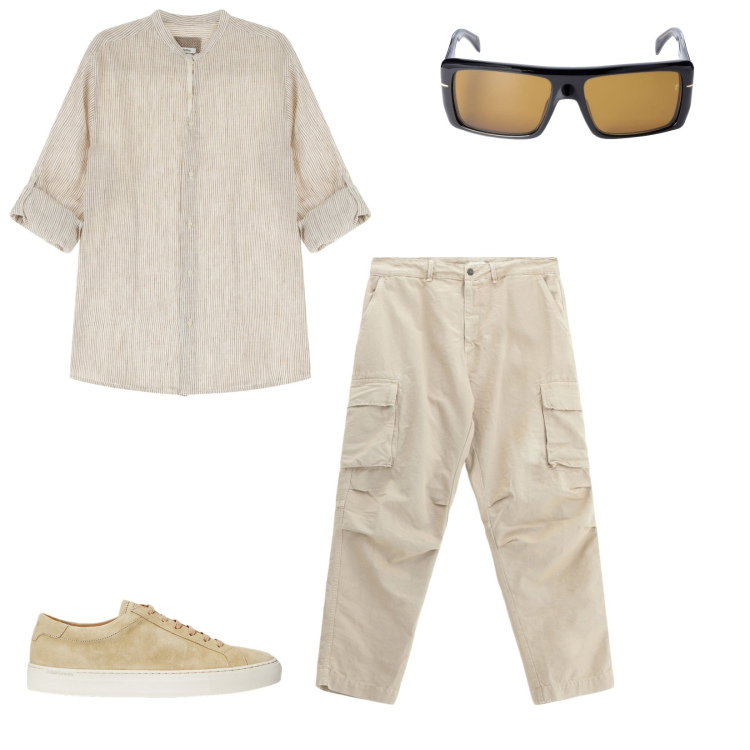 Outfit uomo - Camicia uomo. per Ufficio. Abbinamento con pantaloni cargo, camicie, sneakers, occhiali da sole.